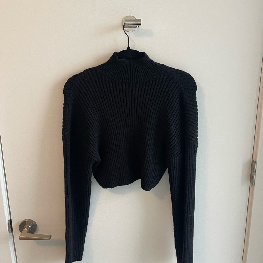 naked wardrobe Black Ribbed Cropped Turtleneck Sweater